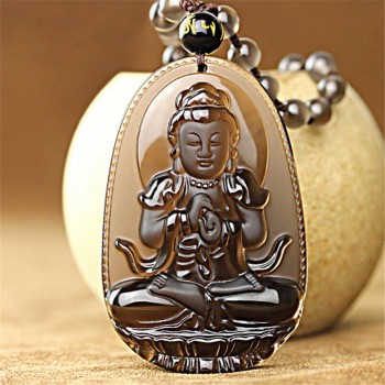 Natural Ice Obsidian Carved Buddha Lucky Amulet Smoky Quartz Pendant Necklace Smoke Crystal Women Men Jewelry Healing Reiki Gift
