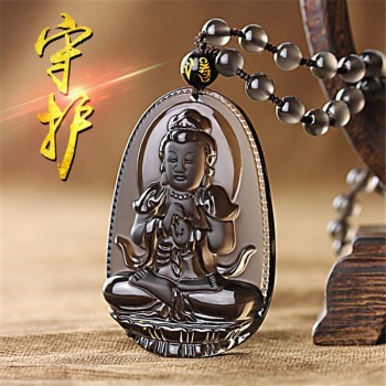 Natural Ice Obsidian Carved Buddha Lucky Amulet Smoky Quartz Pendant Necklace Smoke Crystal Women Men Jewelry Healing Reiki Gift