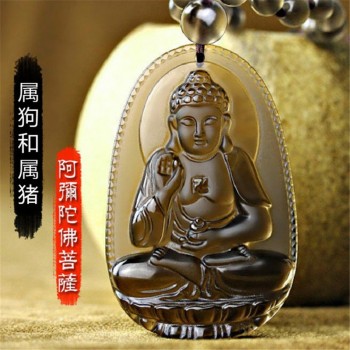 Natural Ice Obsidian Carved Buddha Lucky Amulet Smoky Quartz Pendant Necklace Smoke Crystal Women Men Jewelry Healing Reiki Gift