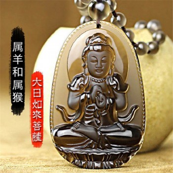 Natural Ice Obsidian Carved Buddha Lucky Amulet Smoky Quartz Pendant Necklace Smoke Crystal Women Men Jewelry Healing Reiki Gift