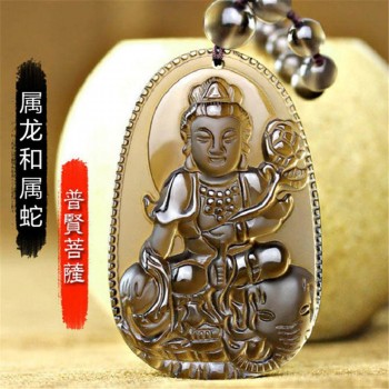 Natural Ice Obsidian Carved Buddha Lucky Amulet Smoky Quartz Pendant Necklace Smoke Crystal Women Men Jewelry Healing Reiki Gift