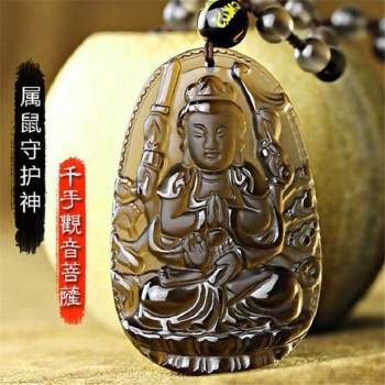 Natural Ice Obsidian Carved Buddha Lucky Amulet Smoky Quartz Pendant Necklace Smoke Crystal Women Men Jewelry Healing Reiki Gift
