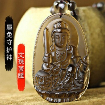 Natural Ice Obsidian Carved Buddha Lucky Amulet Smoky Quartz Pendant Necklace Smoke Crystal Women Men Jewelry Healing Reiki Gift