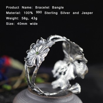 Handmade Lotus Leaves Bracelet For Women Hyperbole Hollow Lotus Seedpod Leaf Jasper Bangle Real 990 Sterling Silver Jewelry SB56