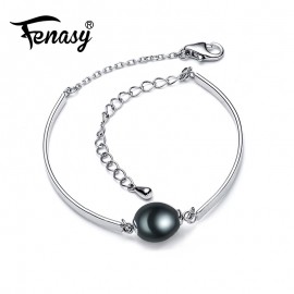 FENASY Charm bracelet,natural Pearl Jewelry,925 sterling sliver bracelet women,black beads bracelet female,chain link bracelet