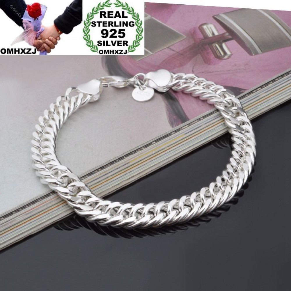 OMHXZJ Wholesale Personality Fashion Man Party Gift Silver Full Lateral Chain 925 Sterling Silver Cuff Bangle Bracelet BR208