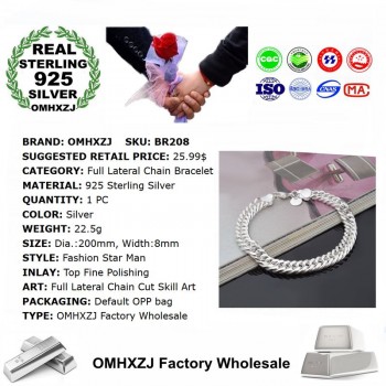 OMHXZJ Wholesale Personality Fashion Man Party Gift Silver Full Lateral Chain 925 Sterling Silver Cuff Bangle Bracelet BR208