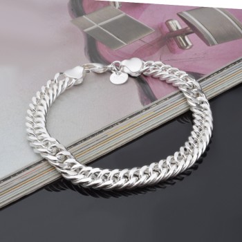 OMHXZJ Wholesale Personality Fashion Man Party Gift Silver Full Lateral Chain 925 Sterling Silver Cuff Bangle Bracelet BR208