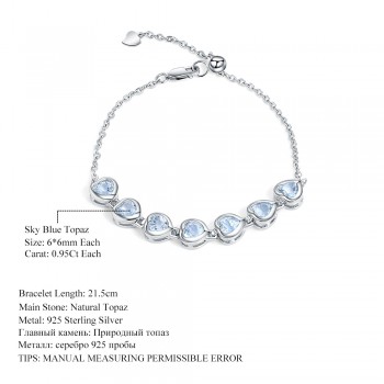 GEMS BALLET Heart Shape 6.70Ct Natural Sky Blue Topaz Bracelet 925 Sterling Silver Adjustable Bracelet For Women Fine Jewelry