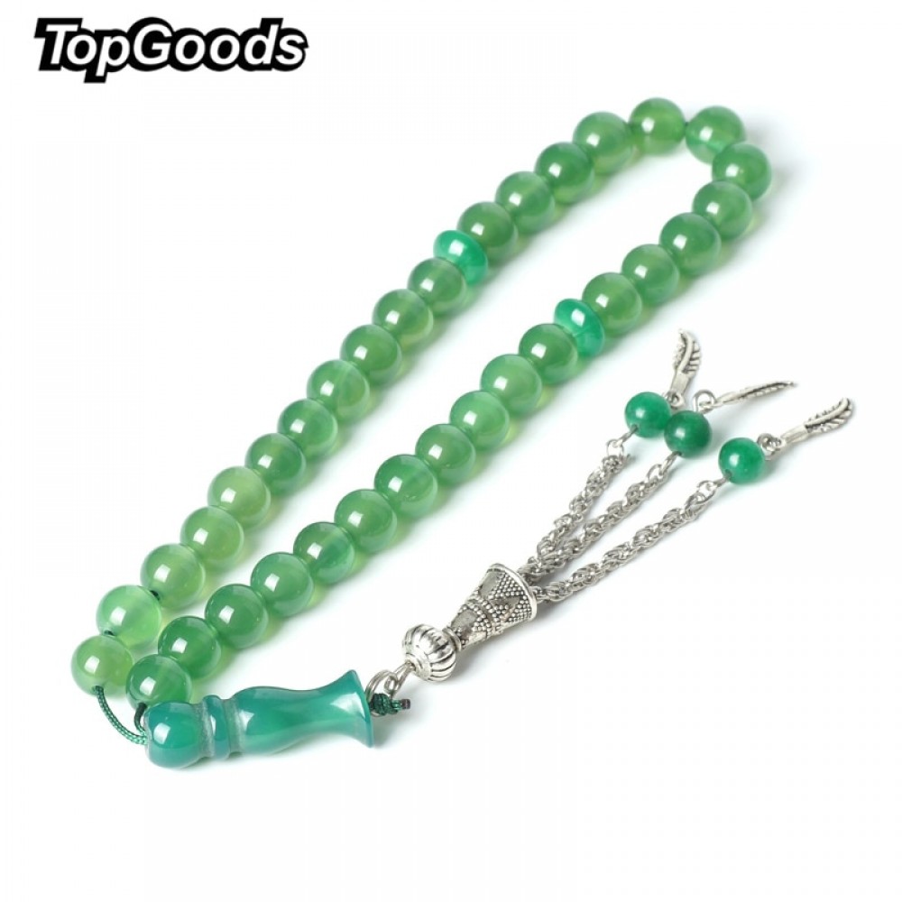 TopGoods Natural Stone Rosary Green Agate Rosarys for Islamic Muslim 33 pcs Gemstone Tesbih 8mm Religious Prayer Beads Bracelet