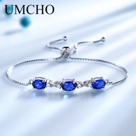 UMCHO Real 925 Silver Bracelet Oval Created Nano Blue Sapphire Bracelets amp; Bangles Free expansion Romantic Jewelry For Women