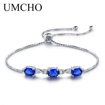 UMCHO Real 925 Silver Bracelet Oval Created Nano Blue Sapphire Bracelets amp; Bangles Free expansion Romantic Jewelry For Women
