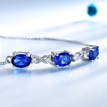 UMCHO Real 925 Silver Bracelet Oval Created Nano Blue Sapphire Bracelets amp; Bangles Free expansion Romantic Jewelry For Women