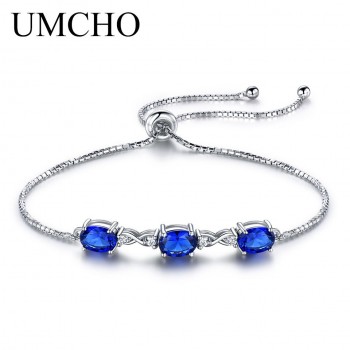 UMCHO Real 925 Silver Bracelet Oval Created Nano Blue Sapphire Bracelets amp; Bangles Free expansion Romantic Jewelry For Women