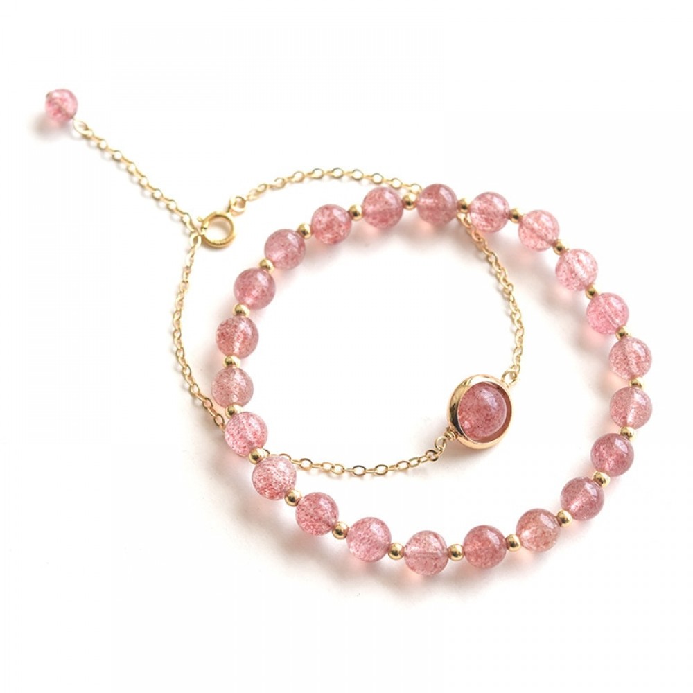 Natural Strawberry Crystal Rose Quartz Beaded Bracelets For Women 2 Types 925 Sterling Silver Chain Charm Bracelet