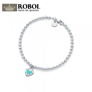 ROBOL Charm 925 Sterling Silver Green Love Round Bead Bracelet Classic Logo Women Original Bracelet Wedding Jewelry TIFF