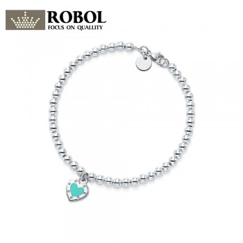 ROBOL Charm 925 Sterling Silver Green Love Round Bead Bracelet Classic Logo Women Original Bracelet Wedding Jewelry TIFF