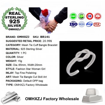 OMHXZJ Wholesale Personality Fashion OL Woman Girl Party Gift Silver Mesh Tie 925 Sterling Silver Cuff Bangle Bracelet BR141