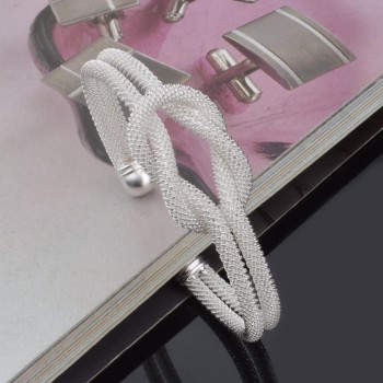 OMHXZJ Wholesale Personality Fashion OL Woman Girl Party Gift Silver Mesh Tie 925 Sterling Silver Cuff Bangle Bracelet BR141