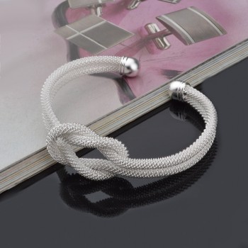 OMHXZJ Wholesale Personality Fashion OL Woman Girl Party Gift Silver Mesh Tie 925 Sterling Silver Cuff Bangle Bracelet BR141