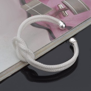 OMHXZJ Wholesale Personality Fashion OL Woman Girl Party Gift Silver Mesh Tie 925 Sterling Silver Cuff Bangle Bracelet BR141