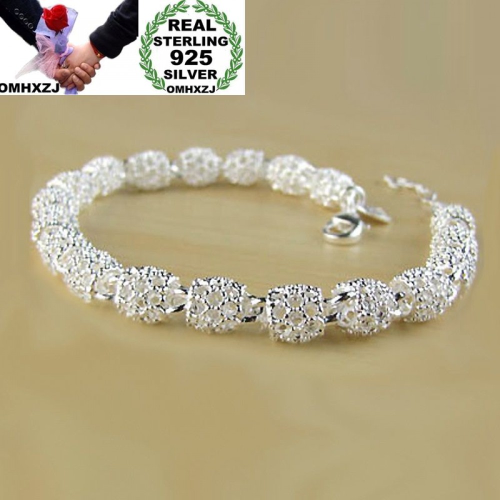 OMHXZJ Wholesale Personality Fashion OL Woman Girl Party Gift Silver Hollow Long Beads Chain 925 Sterling Silver Bracelet BR30