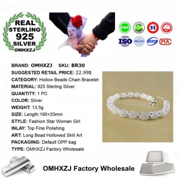 OMHXZJ Wholesale Personality Fashion OL Woman Girl Party Gift Silver Hollow Long Beads Chain 925 Sterling Silver Bracelet BR30