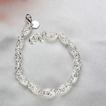 OMHXZJ Wholesale Personality Fashion OL Woman Girl Party Gift Silver Hollow Long Beads Chain 925 Sterling Silver Bracelet BR30
