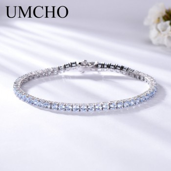 UMCHO Luxury Created Nano Sky Blue Topaz Jewelry Real 925 Sterling Silver Bracelets amp; Bangles Romantic For Women Gifts