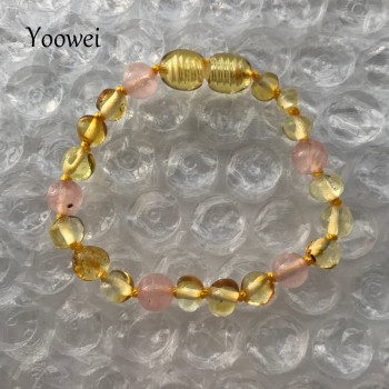 Yoowei Baby Amber Bracelet Teething Necklace with Natural Rose Quartz Gemstone Knotted Baltic Amber Jewelry Gifts for Kids Women