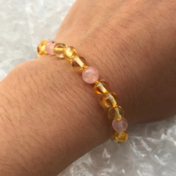 Yoowei Baby Amber Bracelet Teething Necklace with Natural Rose Quartz Gemstone Knotted Baltic Amber Jewelry Gifts for Kids Women