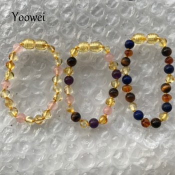 Yoowei Baby Amber Bracelet Teething Necklace with Natural Rose Quartz Gemstone Knotted Baltic Amber Jewelry Gifts for Kids Women