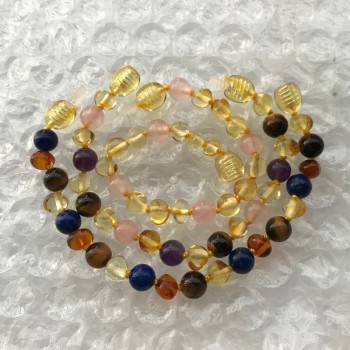 Yoowei Baby Amber Bracelet Teething Necklace with Natural Rose Quartz Gemstone Knotted Baltic Amber Jewelry Gifts for Kids Women
