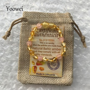 Yoowei Baby Amber Bracelet Teething Necklace with Natural Rose Quartz Gemstone Knotted Baltic Amber Jewelry Gifts for Kids Women