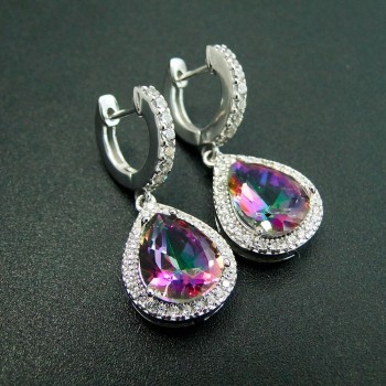 DJ CH Rainbow Fire Mystic Topaz Pendant Charm Earrings Set 925 Sterling Silver Jewelry Sets For Women