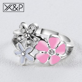 Xamp;P Charm Korean Romantic Geometric Silver Cubic Zirconia Rings for Women Girl Engagement Fashion Heart Flower Ring Jewelry Gift