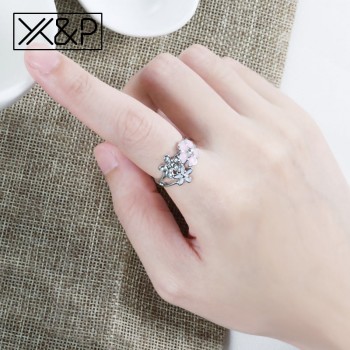 Xamp;P Charm Korean Romantic Geometric Silver Cubic Zirconia Rings for Women Girl Engagement Fashion Heart Flower Ring Jewelry Gift