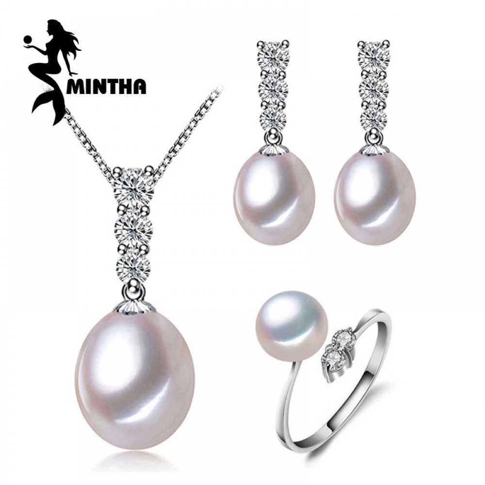 MINTHA pearl Jewelry sets,wedding engagement jewelry,Natural Pearl pendant Necklace/long Earrings,silver ring women