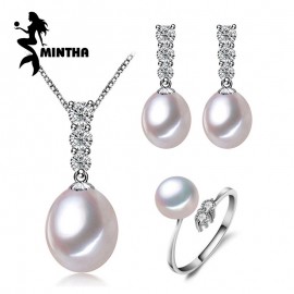 MINTHA pearl Jewelry sets,wedding engagement jewelry,Natural Pearl pendant Necklace/long Earrings,silver ring women
