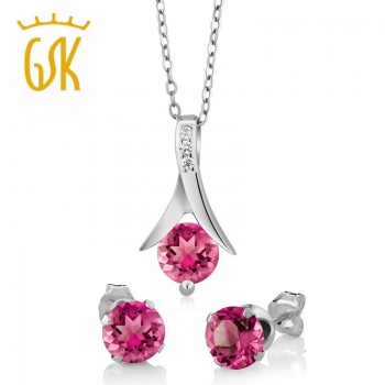 GemStoneKing 2.25 Ct Round Mystic Pink Topaz Pendant and Earrings Set 18 Chain Solid 925 Sterling Silver Jewelry Set For Women