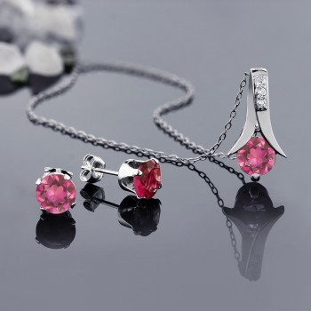 GemStoneKing 2.25 Ct Round Mystic Pink Topaz Pendant and Earrings Set 18 Chain Solid 925 Sterling Silver Jewelry Set For Women