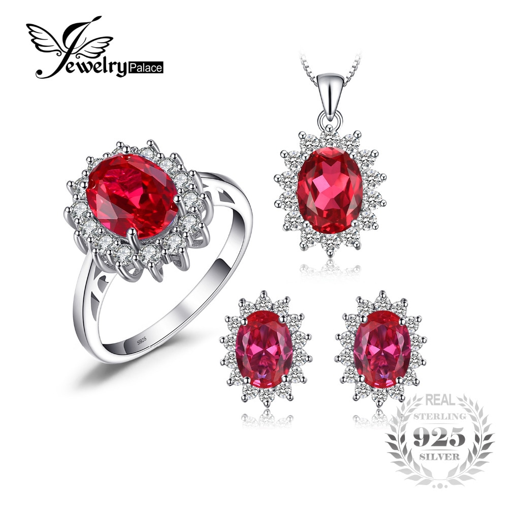 JewelryPalace Princess Diana Jewelry Engagement Wedding Pigeon Created Ruby Jewelry 925 Sterling Silver Ring Pendant Earring