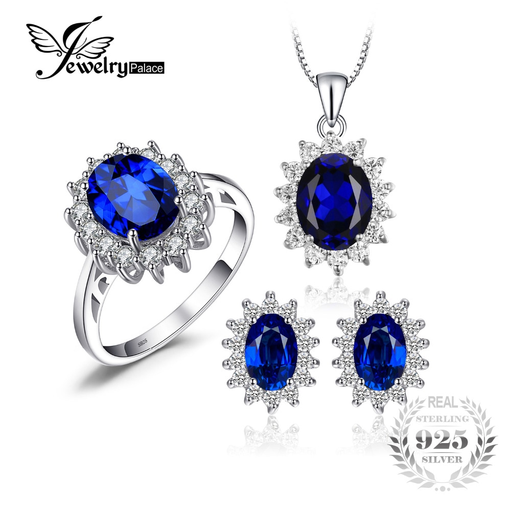 Diana William Engagement Wedding Created Sapphire Jewelry Set 925 Sterling Silver Ring Pendant Stud Earring 45cm Box chain