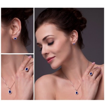 Diana William Engagement Wedding Created Sapphire Jewelry Set 925 Sterling Silver Ring Pendant Stud Earring 45cm Box chain