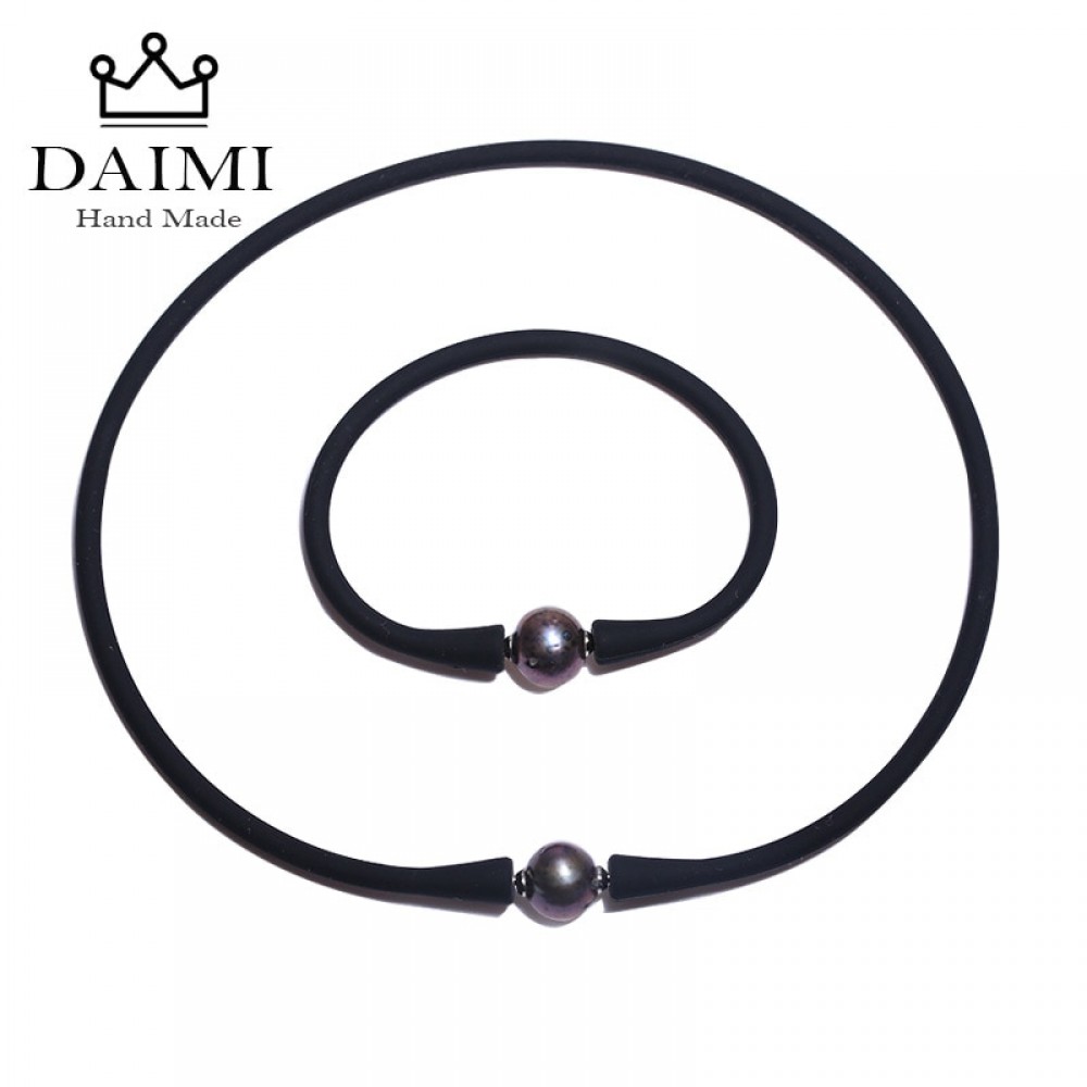 DAIMI Black Silicone Hologram Necklace Bracelet Set 11mm Black Freshwater Pearl Set  Waterproof Jewelry Sets  Casual/Sporty