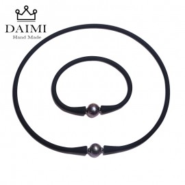 DAIMI Black Silicone Hologram Necklace Bracelet Set 11mm Black Freshwater Pearl Set  Waterproof Jewelry Sets  Casual/Sporty