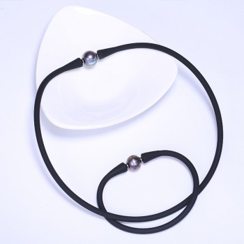 DAIMI Black Silicone Hologram Necklace Bracelet Set 11mm Black Freshwater Pearl Set  Waterproof Jewelry Sets  Casual/Sporty