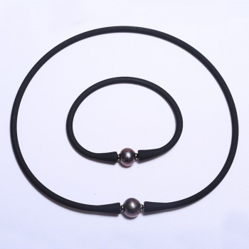 DAIMI Black Silicone Hologram Necklace Bracelet Set 11mm Black Freshwater Pearl Set  Waterproof Jewelry Sets  Casual/Sporty