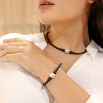 DAIMI Black Silicone Hologram Necklace Bracelet Set 11mm Black Freshwater Pearl Set  Waterproof Jewelry Sets  Casual/Sporty