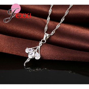 Elegant 925 Sterling Silver Ballerina Necklace Earrings Set With Shiny Crystal Women Girls Wedding Engagement Jewelry Set